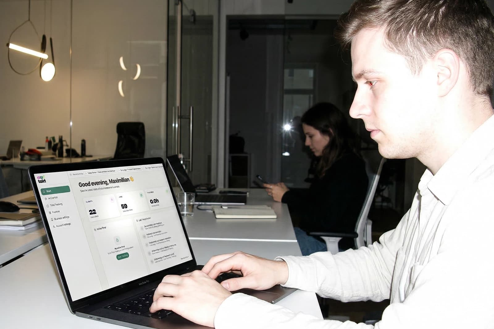 Invoice and billing workflow displayed on a tablet mockup